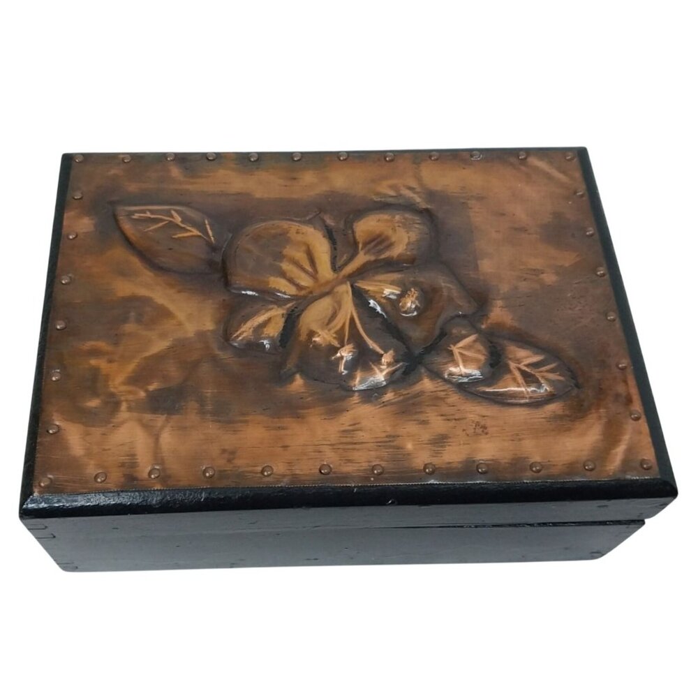 Handcrafted Wooden Trinket Box With Copper Flower Lid
